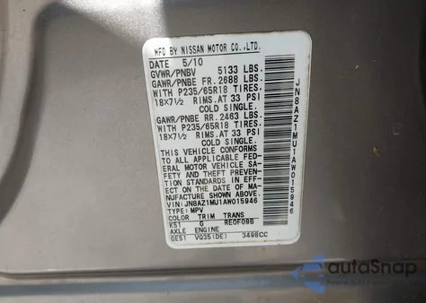 2010 Nissan Murano Sl из США, поврежденный, VIN JN8AZ1MU1AW015946